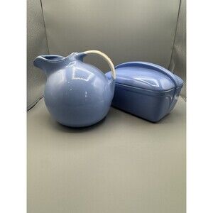 Vintage Hall China Blue Pitcher & Covered Refrigerator Bread Dish Set MCM USA